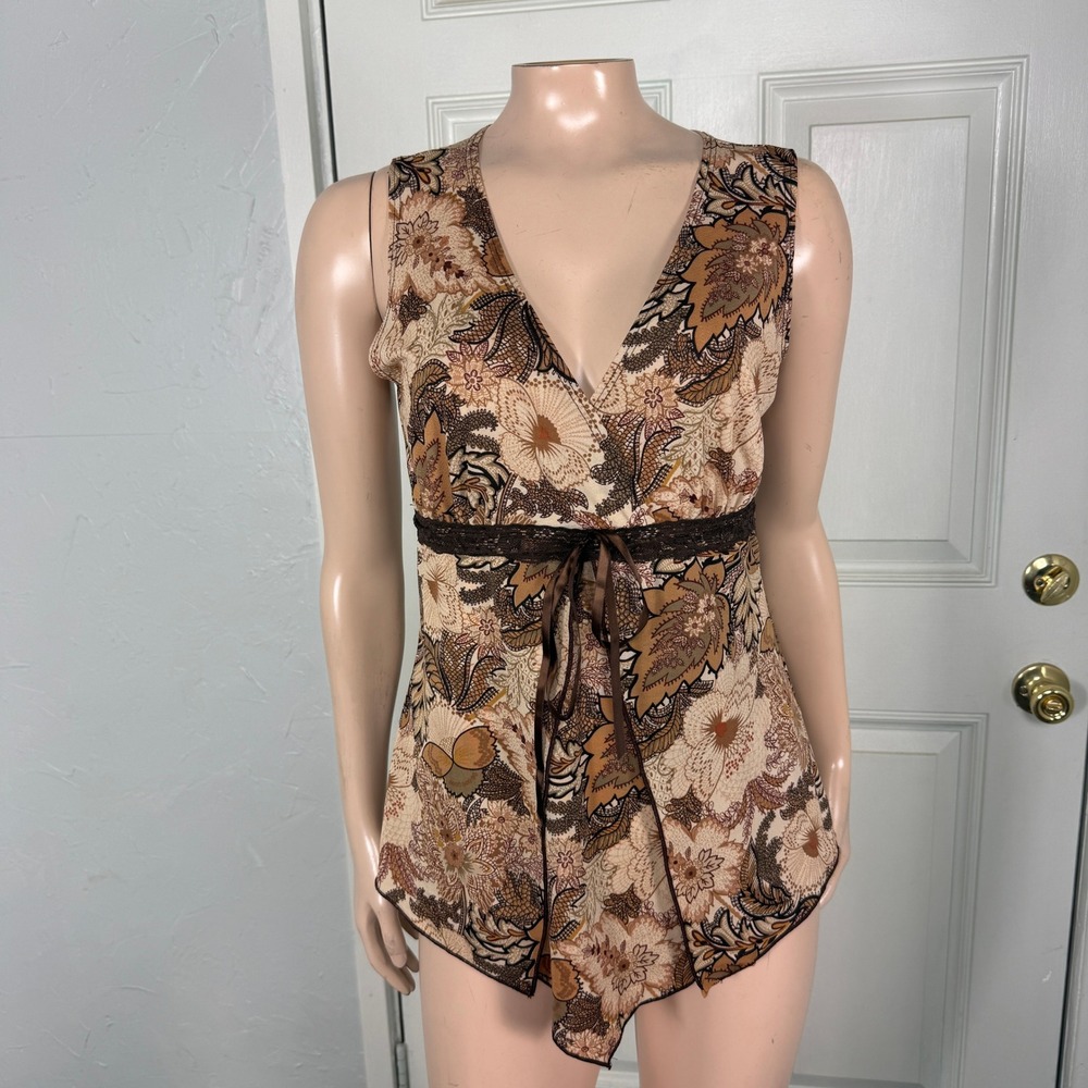 Vintage Y2K Agenda Tank top Shirt Medium Floral V neck Sleeveless Babydoll F4-24